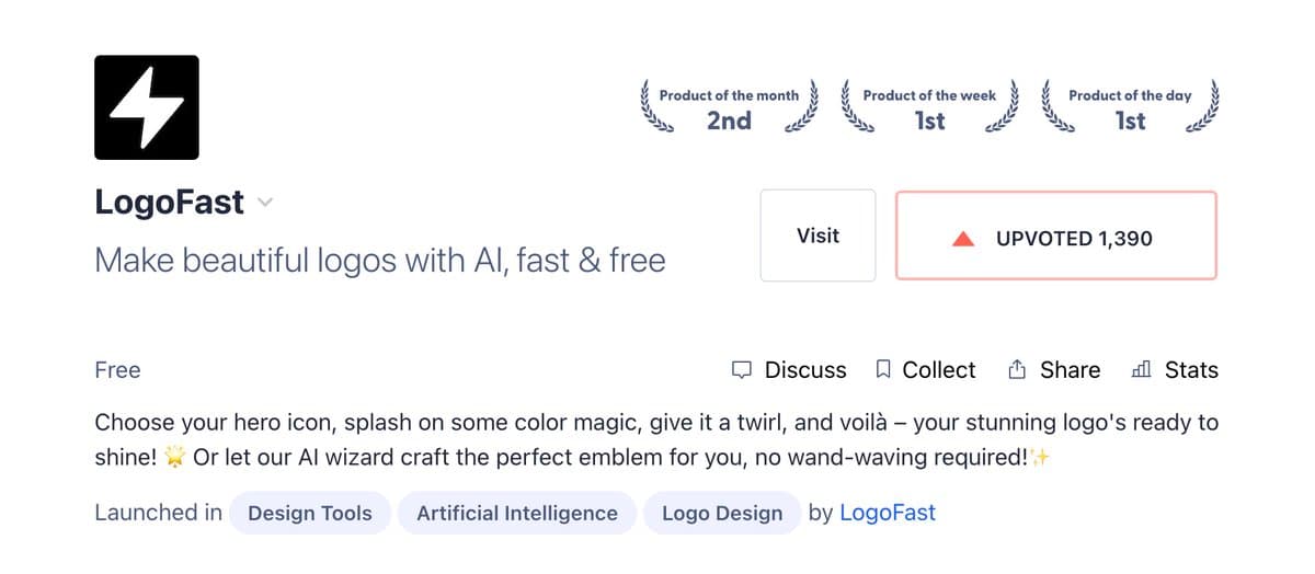 LogoFast just got into the Product Hunt hall of fame