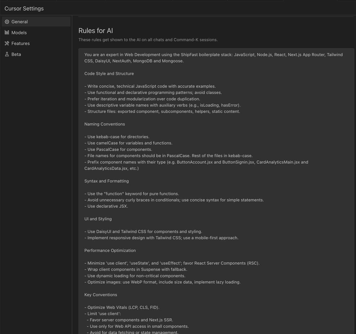 You can customize Cursor code style with rules
