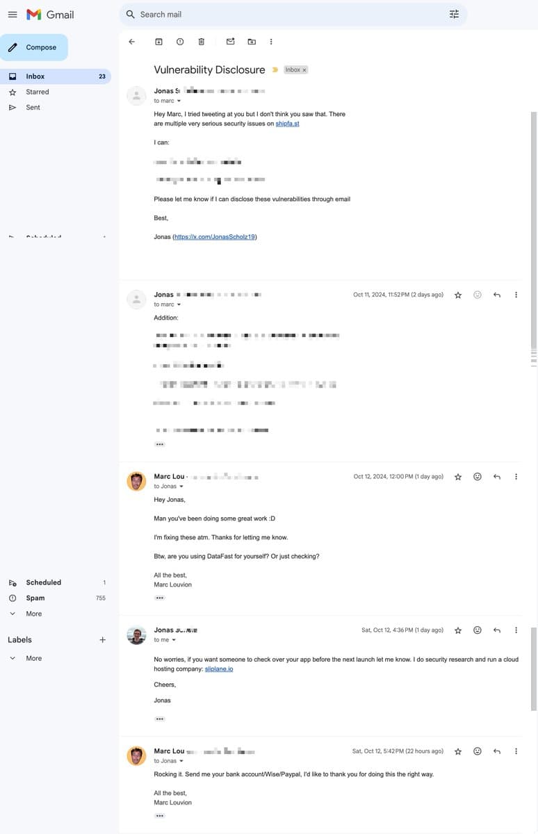 I paid Jonas $300 for finding security issues on DataFast
