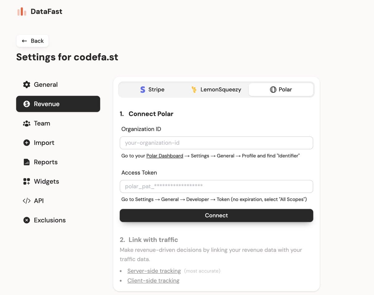 1. Go to your site settings (top left on your dashboard) on @DataFast_ 2. Select "Revenue" tab > "Polar" 3. Taadaa!