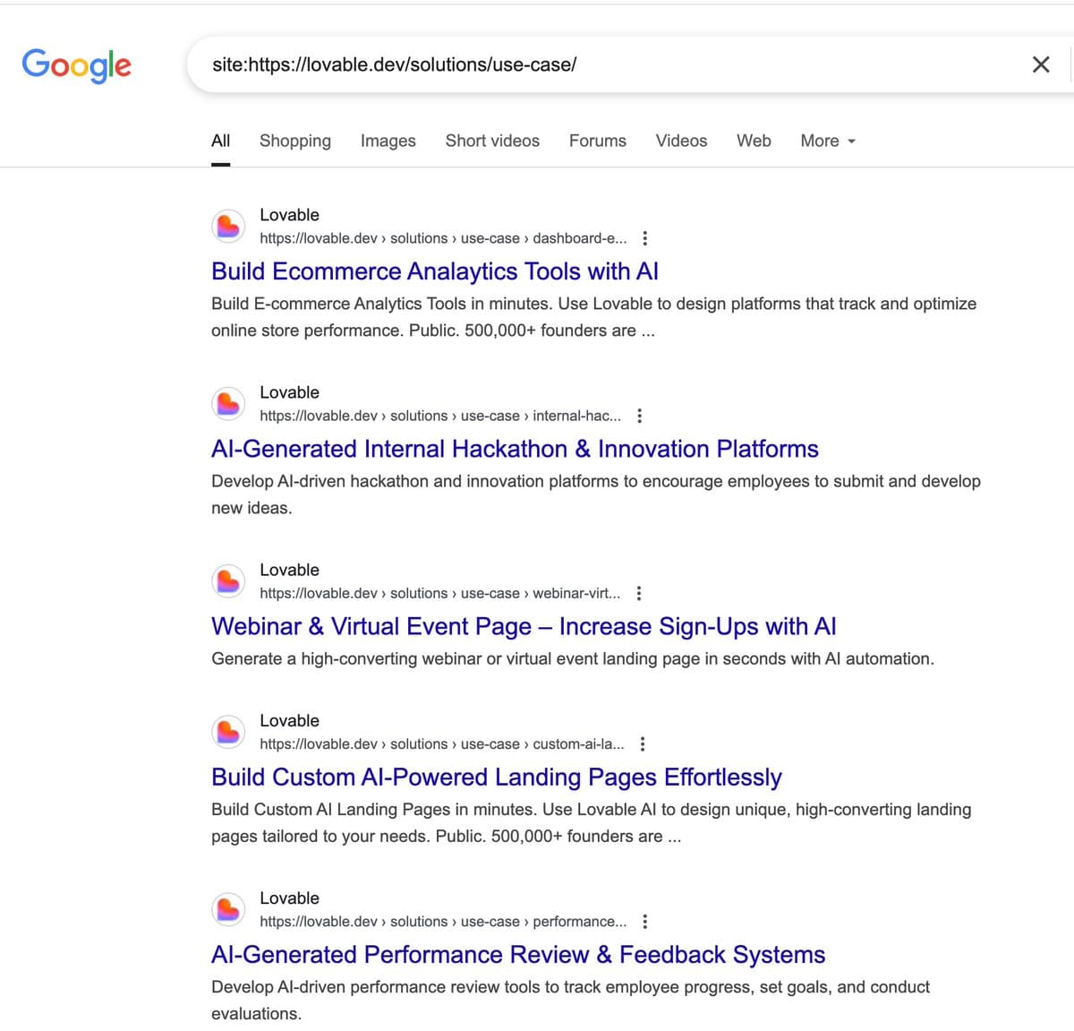 Lovable ranks #1 with programmatic SEO pages