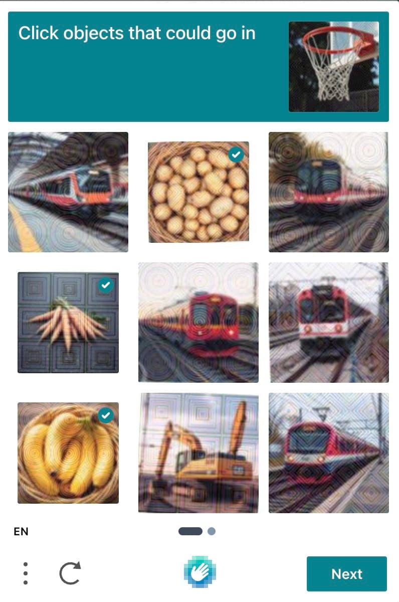 A captcha asks you to click objects that could go in a basket