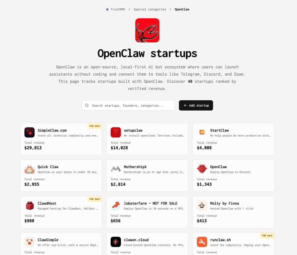 I built a TrustMRR page for OpenClaw startups